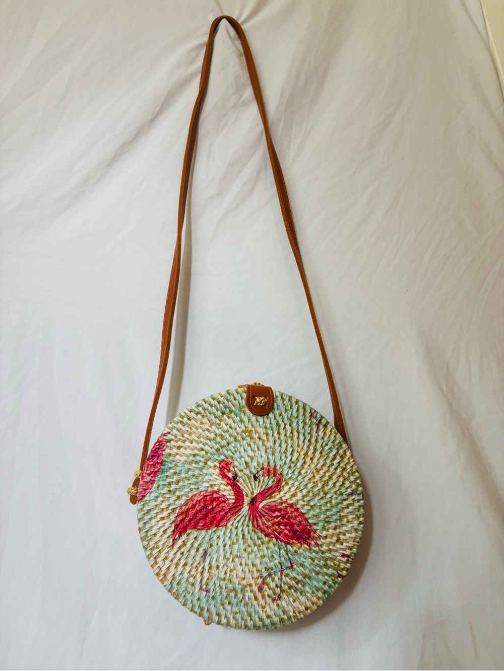 Round Straw Crossbody Flamingo Purse Tropical Resort Vacation Bag - Picture 5 of 8